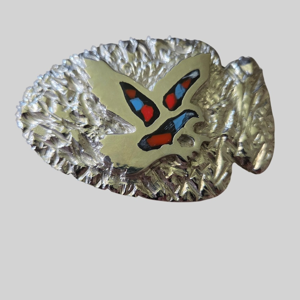 Vintage PSS 1990 Arrowhead Belt Buckle Flying Eagle Chip Inlay Silver Tone BB229